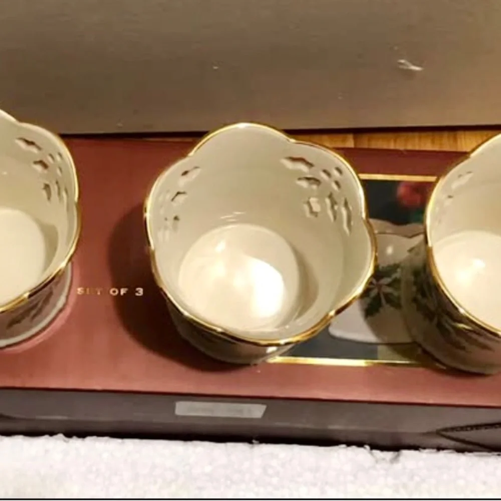 Lenox Holiday Holly Porcelain Pierced Votives Set of 3 Pieces